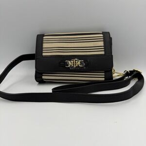 Tommy Hilfiger Striped Canvas‎ Leather Crossbody Shoulder Bag Gold Logo